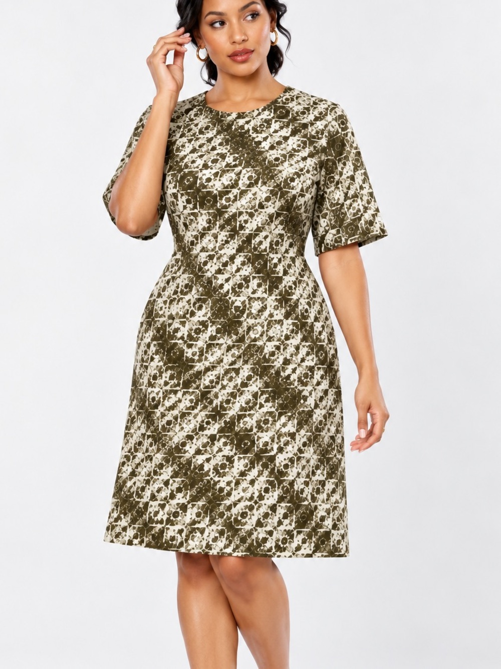 NWT 16 Plus Size Green Ivory Print Short Sleeve A-Line Dress